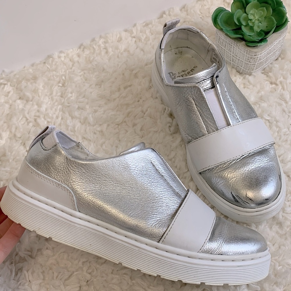 DR. Martens Layla silver metallic leather slip on platform sneakers